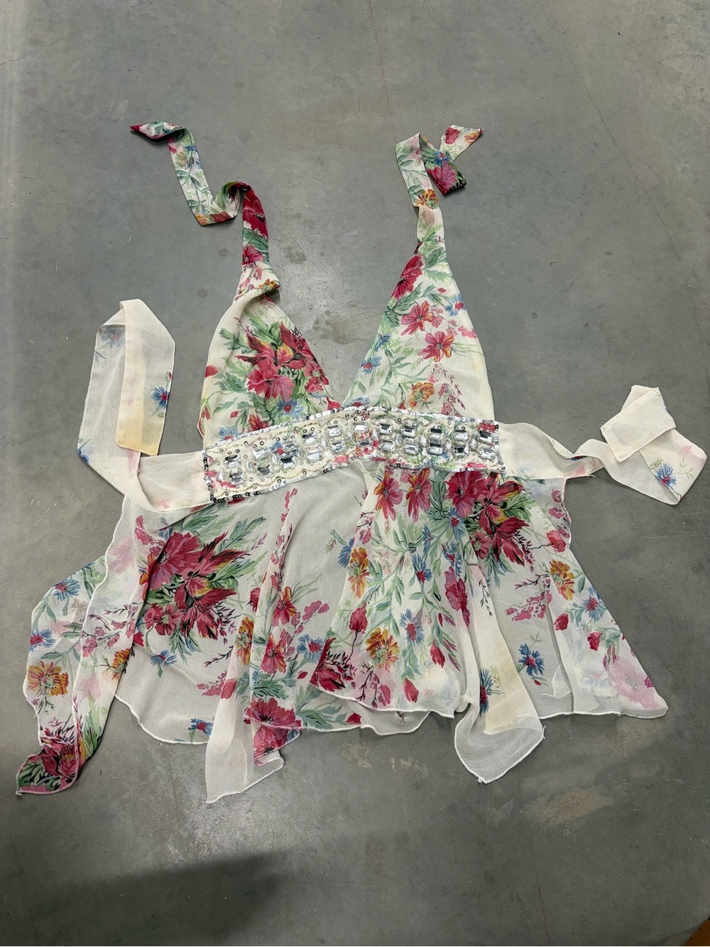 Vintage Y2K Yahoo beaded backless asymmetrical floral sheer‎ top